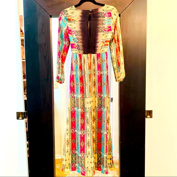 NWOT Sheer long dress with beautiful colorful pattern. So UNIQUE  w/comfy-flow - Picture 2 of 7